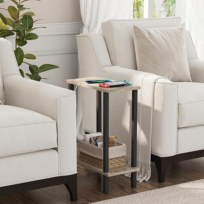 TUTOTAK Narrow Side Table, 2-Tier Small End Table for Couch | Skinny Sofa Table, Slim Nightstand, Easy Assembly for Living Room, Bedroom, Greige TB01BG062