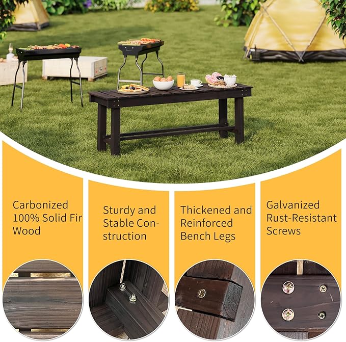 Wood Outdoor Garden Bench,3-Person Seat 47" Backless Bench, 100% Solid Fir Carbonized Weatherproof Patio Bench,Indoor Bathroom Seat Entryway Shoe Bench for Garden Porch Backyard Pool Balcony (Large)
