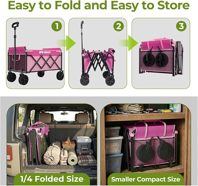Pink Collapsible Wagon Cart, Lightweight Folding Utility Cart with Wheels, 220lbs Capacity Portable Grocery Cart for Sporting Events, Garden, Shopping (Pink)