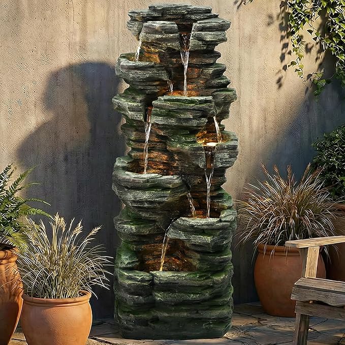 46" H Outdoor Water Fountain, 7-Tiers Cascading Rock Waterfall Fountain with 6 Warm LED Lights, Large Water Feature for Outdoor Indoor, Garden Water Fountain for Patio, Yark, Deck, Porch, Home Decor
