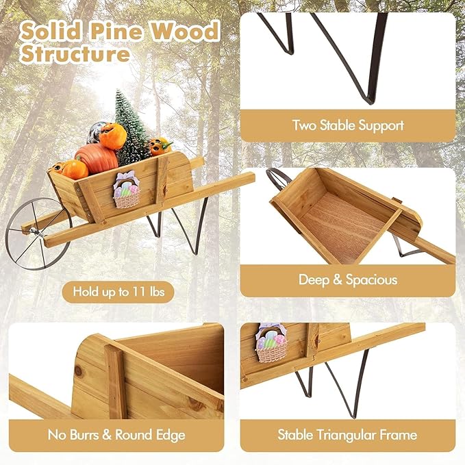 HAPPYGRILL Wooden Wagon Planter, Small Flower Plant Pot w/Triangular Metal Support, 2 Energy-Saving Handles, Movable Wheel, Wood Wheelbarrow Cart Planter for Garden Backyard Holiday (Walnut)