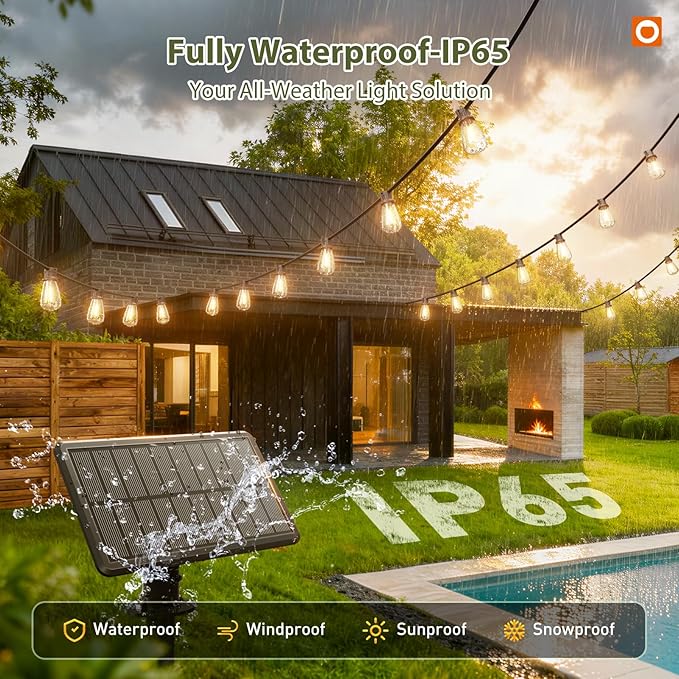 addlon 54(48+6) FT Solar String Lights Waterproof,Patio Lights Solar Powered with Remote & USB Port 15+1 LED Shatterproof Bulbs 3 Light Modes, Dimmable Solar Light for Camping Backyard Garden