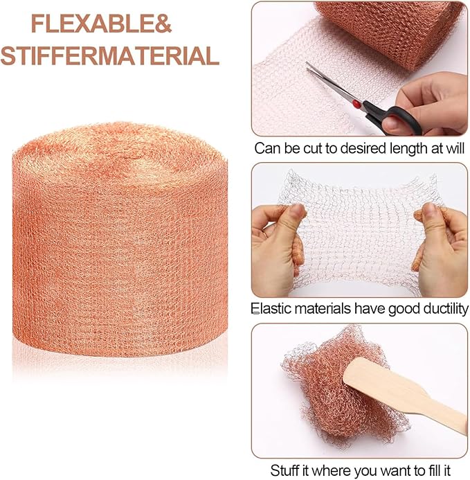 Copper Mesh Rodent Control, 2-Pack 5 in x 200 ft Wire Screen Rolls for Mice, Rats, Rodents, Bats & Snails, Copper Mesh Roll for Weep Hole Filler, DIY Pest Blocking for Home and Garden