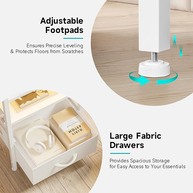 Lazzanto Nightstand with Rear Charging Station, LED Light, 3 Drawers, White
