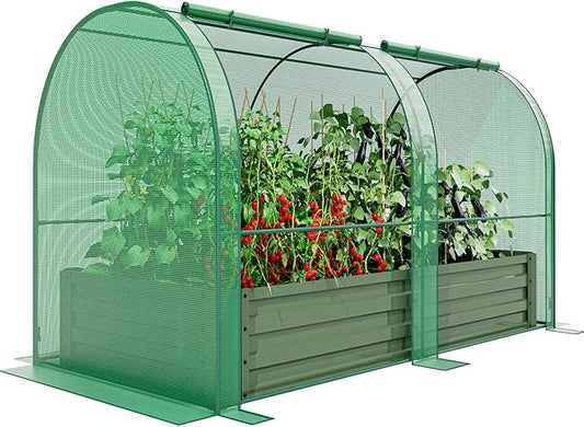 SPECILITE Raised Garden Bed with Mini Greenhouse, Galvanized Metal Planter Box Kit with PE Cover, 2 Roll-Up Doors for Ventilation, Gardening Set for Outdoor Growing Vegetables, Herbs, Fruit & Flowers