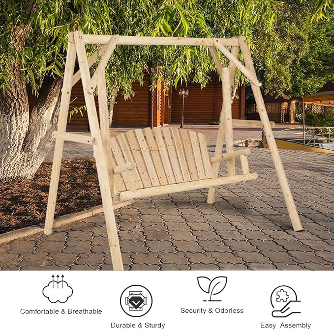 Tangkula A-Frame Wood Log Swing Bench, Outdoor Rustic Curved Back Swing Chair for Patio Garden Yard