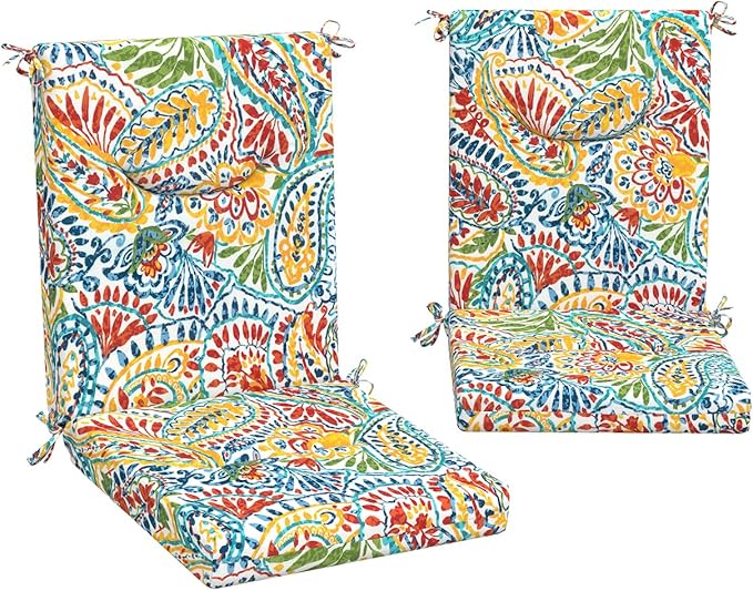 DYTXIII Outdoor High Back Chair Cushions Set of 2, 44x20 in Water Repellent Patio Seat Cushions with Elastic Sponge, All Weather Cushions for Rocking, Dining Chairs, Patio Furniture - Paisley Multi