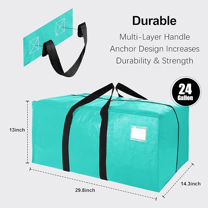 VELVETSURE 12 Pack Heavy Duty Large Moving Bags W/Backpack Straps - Strong Handles & Zippers, Storage Totes For Space Saving, Fold Flat, Alternative to Moving Box and Storage Bin, Aquamarine