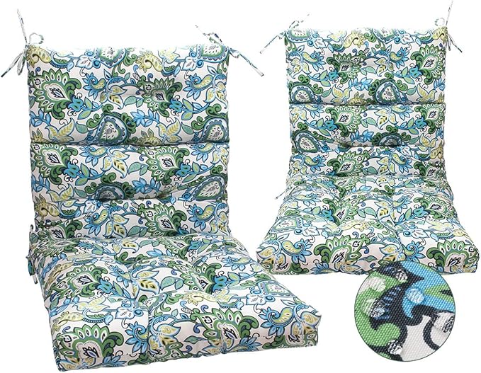 Magpie Fabrics Indoor Outdoor Tufted High Back Chair Cushion Set of 2, Waterproof All-Weather Deep Seating Rocking Chair Patio Garden Chaise Lounge Sun Lounger Chair Cushions(Botanical Blue Green)