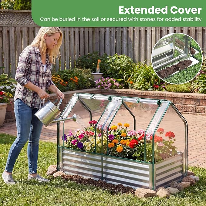 Giantex 4x2x3 FT Galvanized Raised Garden Bed with Greenhouse Cover, Outdoor Elevated Metal Planter Box w/Dual Roll-up Windows, Mini Greenhouse for Patio Balcony Vegetables Herbs Flowers (Silver)