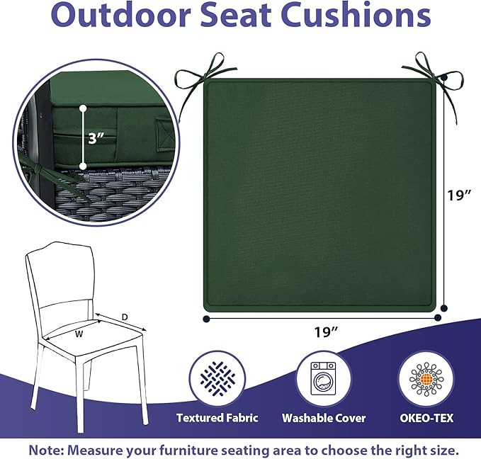IPYNBAP Outdoor Chair Cushions Set of 4,Waterproof Outdoor Seat Cushions for Patio Furniture,Patio Chair Cushion with Handle and Ties, Square Out Door Chair Pads,19" x 19" x 3", Forest Green