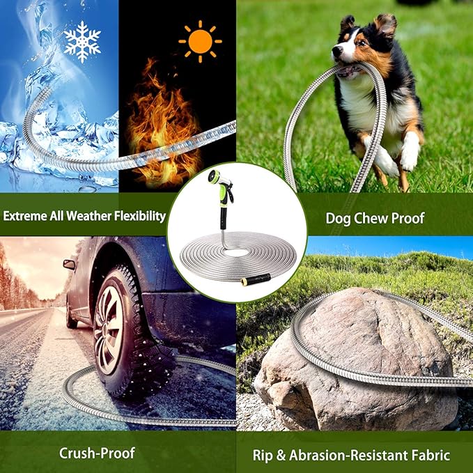 Flexible Metal Garden Hose 25ft-Heavy Duty Water Hose with Durable 304 Stainless Steel and 10 Way Spray Nozzle-Strong 3/4'' Solid Brass Fitting-Outdoor Yard No Kink Lightweight Short Hose Pipe