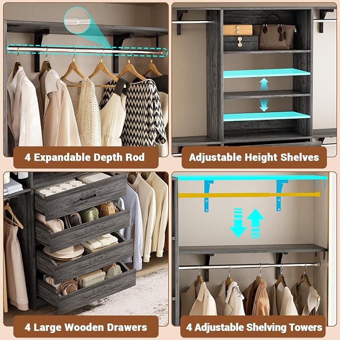 Aheaplus Closet System with 4 Drawers, 8FT Wood Closet Organizer System