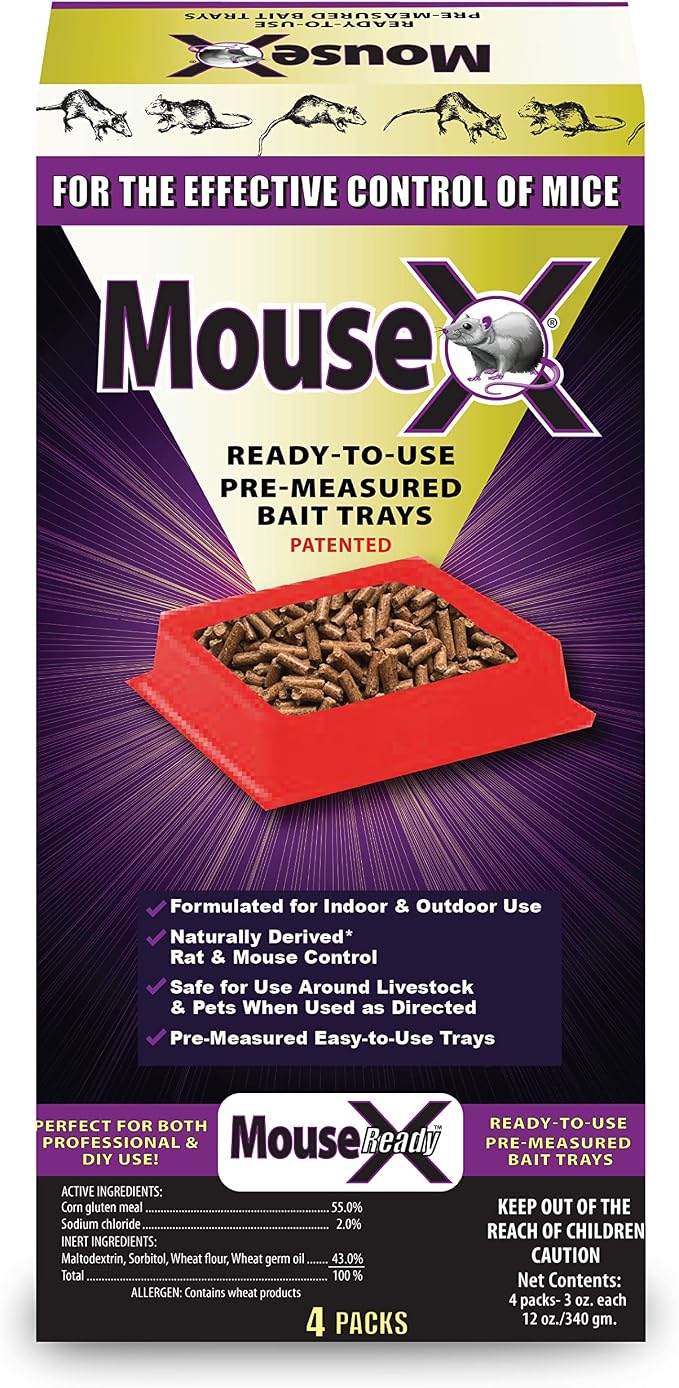 MouseX Rodent Control Bait Trays for Rats & Mice – Poison Free, Pet Safe | Indoor & Outdoor Use Pellets |3 oz Trays - 4 Pack