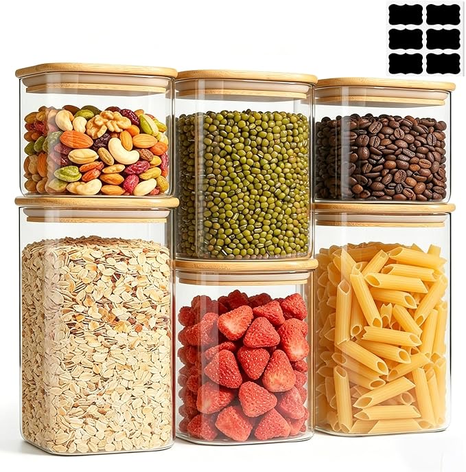 ComSaf Glass Pantry Storage Containers (0.7qt/1.2qt/1.6qt) Set of 6 Jars