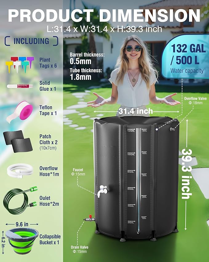 PYY Rain Water Collection Barrel 132 Gallon- Black Water Storage Tank with Spigot, Hose and Portable Bucket, Large Plastic Collapsible Rain Catcher Catchment System to Collect Rainwater from Gutter