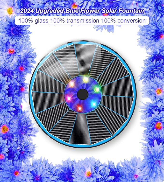SZMP Solar Fountain Pump 3.5W Bird Bath Fountains with Blue Flower Upgraded Glass Panel, 7 Nozzle & 4 Fixer, Solar Powered Water Fountain for Garden, Pond, Outdoor (Colorful)