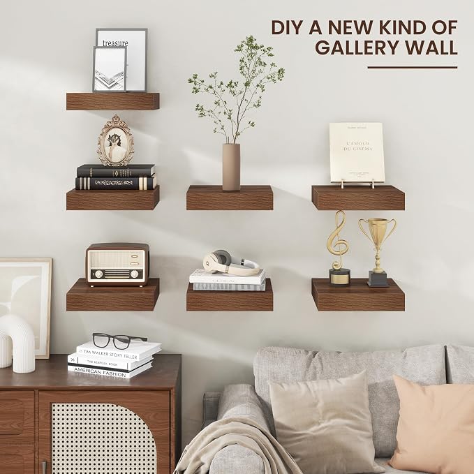 12 Inch Floating Shelves for Wall, Square Storage Shelves, Walnut Finish