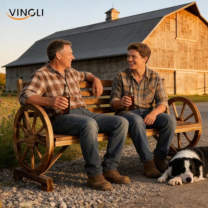 VINGLI Rustic Wooden Wheel Bench Outdoor Bench, Patio Bench Wagon Slatted Seat, Garden Benches for Outdoors 350lbs High Capacity, Weather Resistance (Teak, 55in)