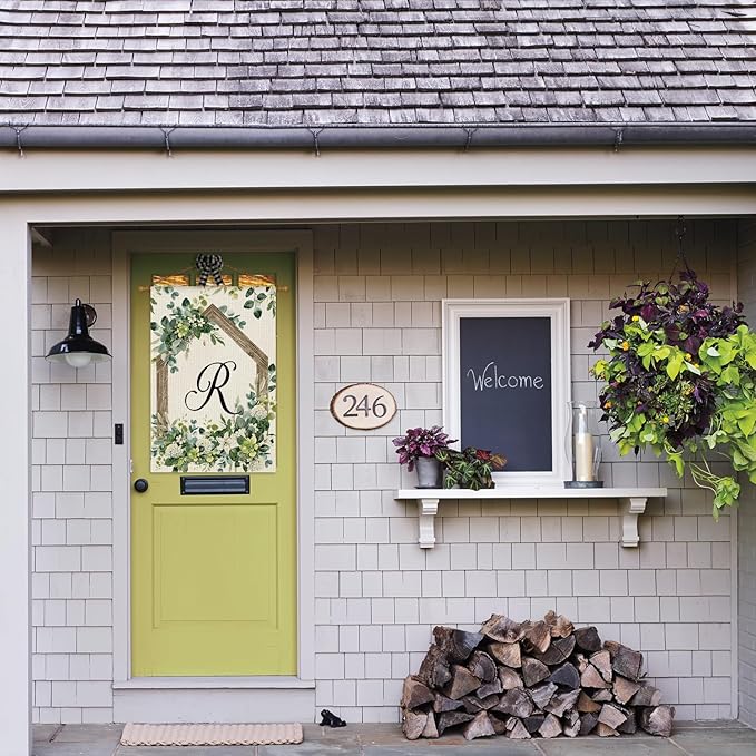 AVOIN colorlife Initial Letter R Monogram House Flag 28x40 Inch Double Sided Outside, Spring Floral Family Last Name Yard Decoration