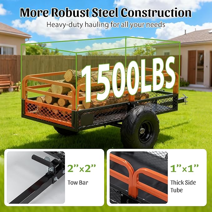 Utility Garden Wagon Dump Cart Trailer, 15 Cu.Ft. Load & 1500 lbs Capacity, Heavy Duty Yard Dump Wagon with Steel Frame ATV, UTV, Farm, Garden,Black