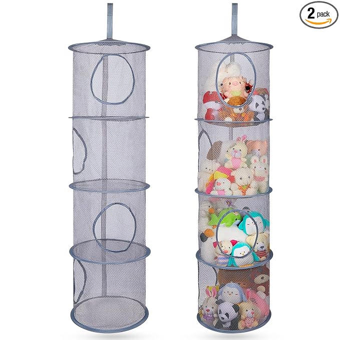 Basumee Hanging Stuffed Animals Storage, 2 Pack Mesh Plush Storage, 4-Tier