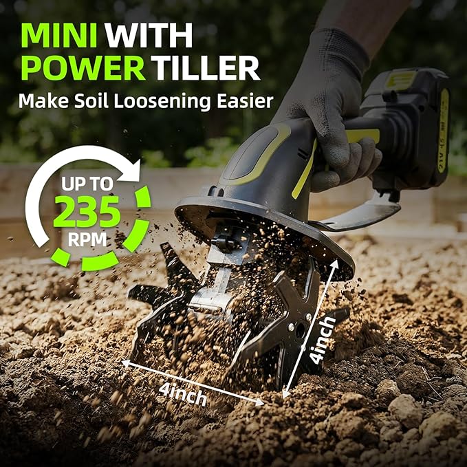 GARDTECH 21V Cordless Tiller Cultivator, 235RPM Electric Hand Tiller with 2×2.0Ah Batteries, 4" Tilling Width & Depth, Powerful Mini Garden Tiller for Gardening, Raised Bed & Soil Loosening