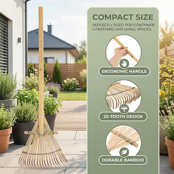 Toddmomy 23" Bamboo Hand Rake for Garden & Landscaping, Lightweight 20-Tine Wooden Rake for Leaves, Debris Gathering & Loosening, Compact Manual Cultivator for Yard, Flower Beds & Zen Garden
