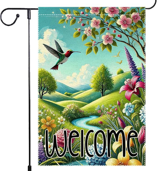 Hummingbird Spring Flowers Garden Flag 12x18 Inch Double Sided Burlap Colorful Floral Small Yard Outdoor Lawn Rustic Farmhouse Spring Decor
