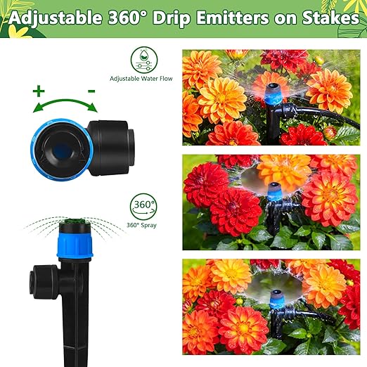 Push-to-Fit Drip Irrigation Vortex Emitters for 1/4" Drip Irrigation Tubing, 30 Pcs Adjustable 360 Degree Water Flow Fan Shape Drippers with Stake for 4/7mm Tube for Garden Watering System