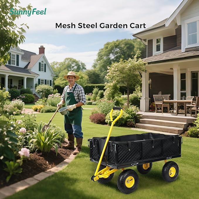 SUNNYFEEL 500 Lbs Capacity Heavy Duty Mesh Steel Garden Cart,Folding Utility Cart with Removable Side Nets, Non-Slip Rubber Base, Black & Yellow,Upgraded Version