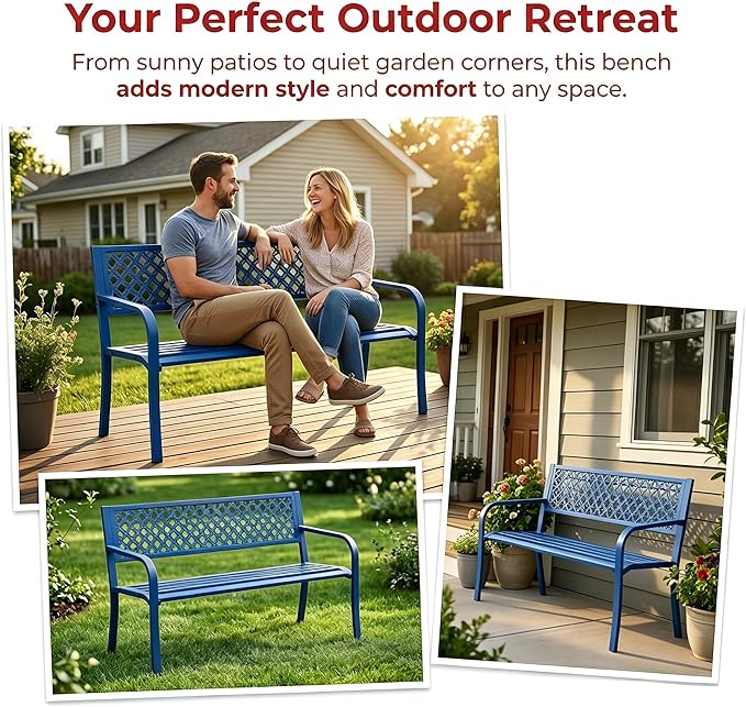 Garvee Outdoor Metal Garden Bench for 2 Person, Heavy Duty Steel Patio Bench 790 Lbs Capacity, Weather Resistant Black Porch Seating with Geometric Backrest, Outdoor Furniture for Yard, Deck, Entryway