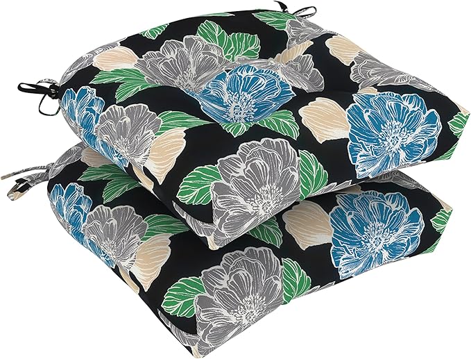 DYTXIII Set of 2 Outdoor Chair Cushions 19"x19"x4", Water Repellent Tufted Patio Seat Cushions with Ties, Thick Replacement Pads for Wicker Dining Chairs, Patio Furniture, Peony Garden