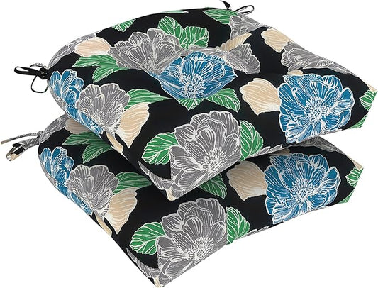 DYTXIII Set of 2 Outdoor Chair Cushions 19"x19"x4", Water Repellent Tufted Patio Seat Cushions with Ties, Thick Replacement Pads for Wicker Dining Chairs, Patio Furniture, Peony Garden