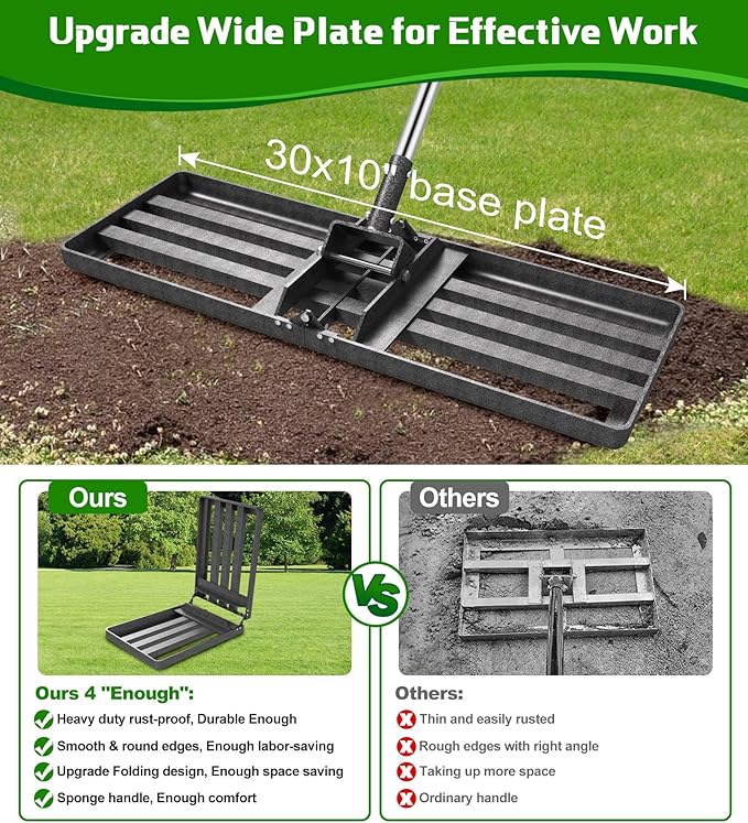 Heavy-Duty Lawn Leveling Rake Levelawn Tool with 30"x10" Plate & 6.2FT Adjustable Stainless Steel Handle Effortlessly Levels Soil/Dirt Surfaces in Lawn, Garden, Backyard, Golf Course, Farm, Pasture
