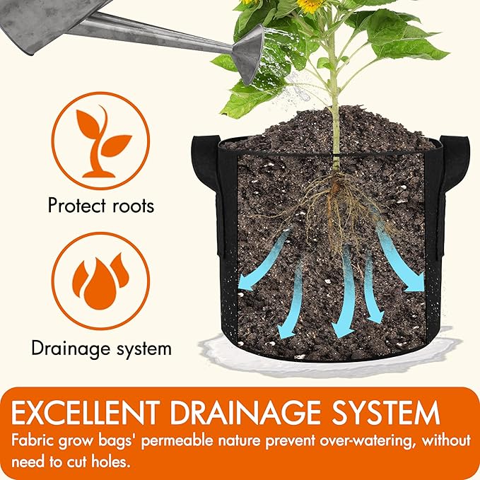 Gardzen 6-Pack 2 Gallon Grow Bags, 300G Thickened Nonwoven Fabric Pots with Handles, Heavy Duty Aeration Plant Bags for Gardening and Container Growing