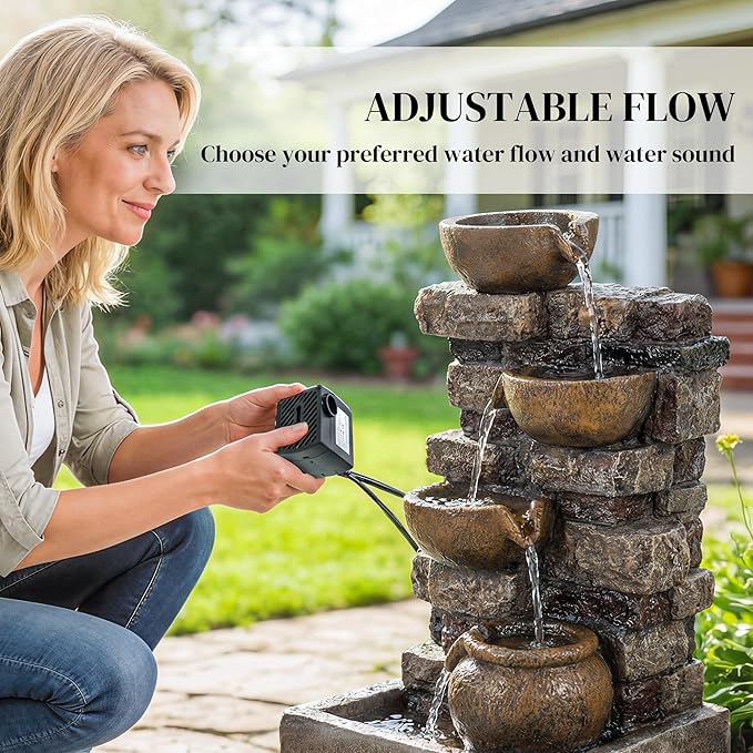 Outsunny 28" Outdoor Fountain with 5-Tier Rustic Jugs and Rock, Cascading Waterfall with LED Lights, Adjustable Flow, Resin Freestanding Garden Fountain for Garden Patio, Rustic Brown