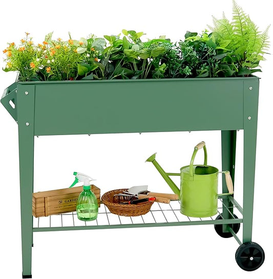 Raised Garden Bed with Legs and Wheels Removable for Outdoor, 31.6 * 14.6'' Metal Planter Raised Box for Growing Vegetables Herb Flower in Patio (Green)