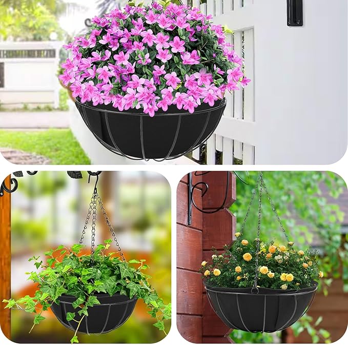 HKZ Hanging Planter Basket Liners - 6 Pack 12 Inch Round Fabric Liners for Hanging Baskets, Replacement Coco Fiber Liner, Durable Non-Woven Liners for Hanging Baskets Planters Flowers, Plants (Black)