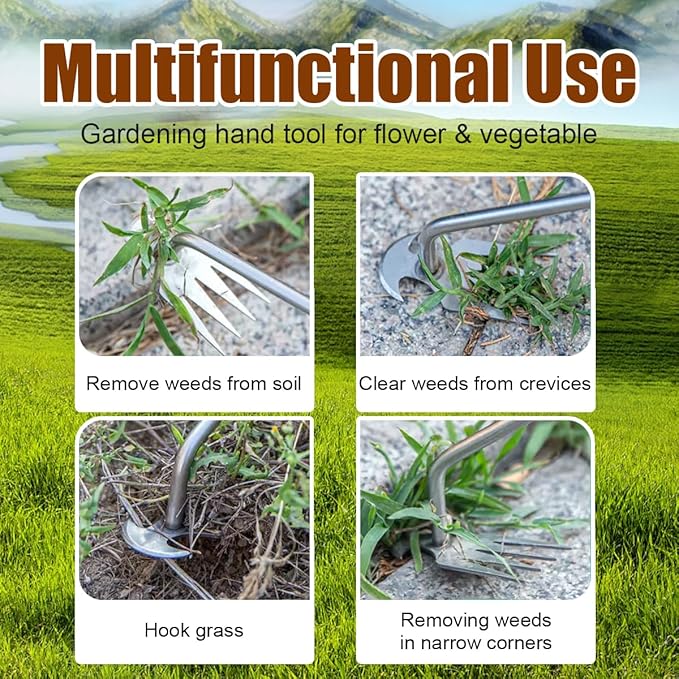 Dizzily Weeder - Manual Weed Puller Tool, Uprooting Weeding Remover Tool, 4-Claw Steel Head Hand Garden Weeder Tool Easily Remove Weeds for Otted Plants, Gardens, Yards, Farms