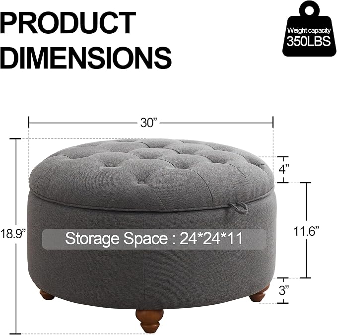 30'' Round Ottoman Coffee Table with Storage, Upholstered Tufted Ottoman with Flip Tray, Solid Wood Legs for Living Room, Bedroom, Dark Grey