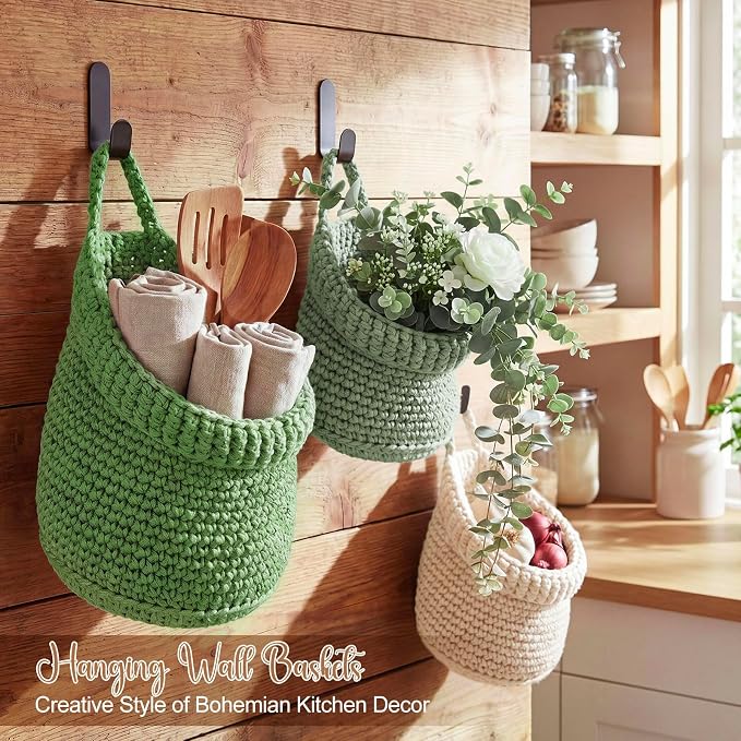 Honeydak 3 Hanging Baskets, Sage Color Palette, Barrel, Cotton Rope | Wicker Wall Baskets with Hooks for Fruit Vegetable Onion Storage, Teardrop Organizer for Kitchen, Boho Farmhouse Decor