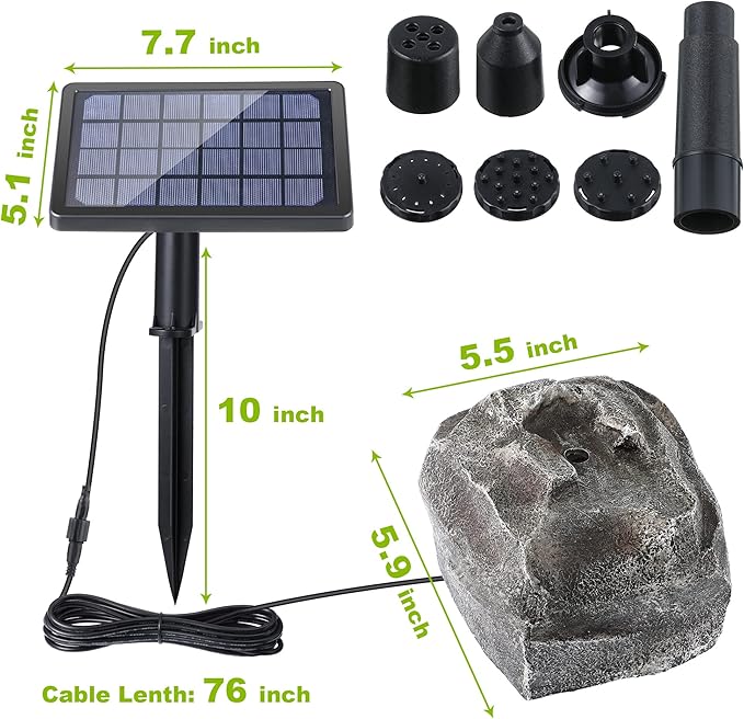 Solar Fountain Bird Bath with Solar Panel, Rockery Granite Water with 5 Nozzles Solar Water Fountain for Birdbath Outdoor, Pond, Patio Garden, and Fish Tank