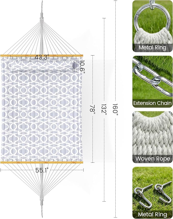 ANAGOO Double Quilted Outdoor Hammock for 2 Adults, 500lb Capacity Backyard & Camping Hammock with Pillow and Bamboo Spreader Bar, Fits 11–15ft Hammock Stands (Stand Not Included),White Gray