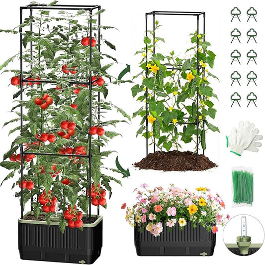 Self Watering Tomato Planter with Trellis, Rectangular Tomato Cages Trellis for Raised Garden Bed, Tomato Planters Box for Garden Pots Patio Indoor Outdoor (Rectangular, 1PC)