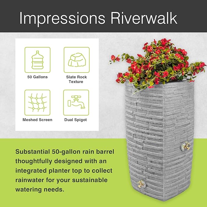 Good Ideas Impressions Riverwalk 50 Gal Plastic Rain Barrel Light Granite Bundled with 50’ Soaker Hose, Gradual Water Release, for 3/4" Spigots, Black