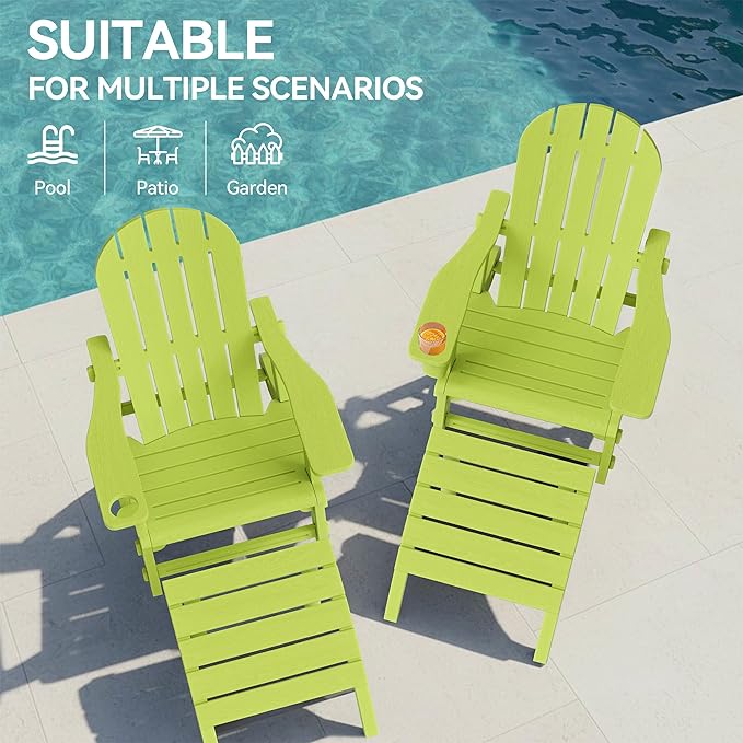 Vongrasig Adirondack Chairs Set of 2 with Removable Tabletop and Footrest, HDPE Plastic Outdoor Chair Set with Wooden Textured, Cup Holder for Patio, Poolside, Garden, Green, 5 Pieces