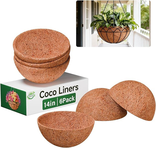Halatool 6 Pack 14 Inch Hanging Basket Liners Replacement, Round Coconut Liners for Planters Baskets, 100% Natural Coco Fiber Liner for Flowers Vegetables Garden, Drainage & Retain Moisture