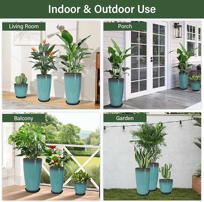 Neoaider 24/21/12 Inch Large Plastic Planter, Lightweight Ceramic-Look Tall Planters with Drain Hole & Saucers, Tall Plastic Planters for Porch, Garden, Patio, Balcony(Sky Blue)