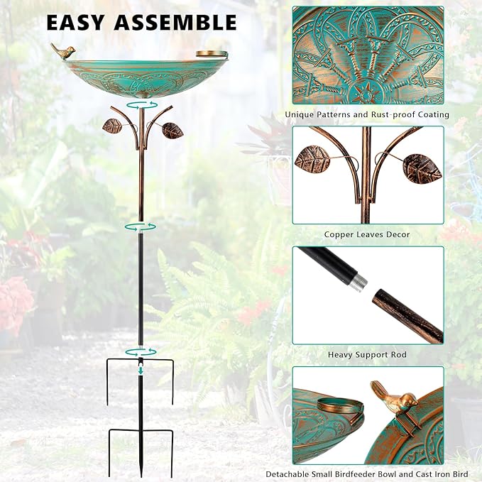 Metal Bird Baths for Outdoors, 39" H Birdbath with 13 Inch Bowl, Standing Bird Bath & Bird Feeder with Stake for Outside Garden Patio Yard Lawn Decor,Green